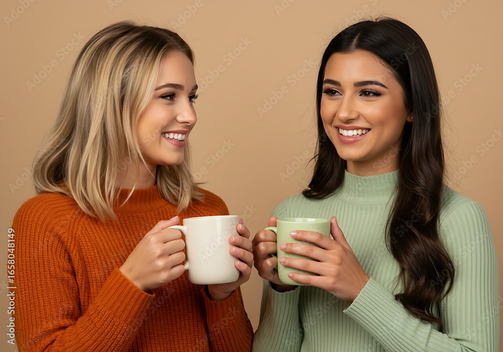 Two smiling women holding coffee mugs and looking at each other Two smiling women holding coffee mugs and looking at each other