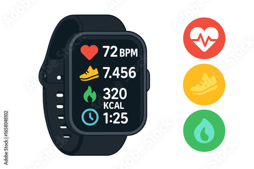 Smart wearable technology with fitness tracking and health monitoring features, modern design cartoon vector illustration, transparent background for digital health and activity applications