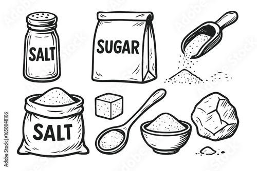 Black and white vector cartoon illustration of salt and sugar in various forms: shaker, bag, bowl, spoon, cube, crystal, and scoop. Spice and seasoning ingredients collection for cooking recipes.