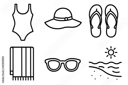Summer holiday and beach vacation essentials icon set. Minimalist outline vectors of swimsuit, sun hat, flip-flops, sunglasses, towel and seaside symbol for travel design.