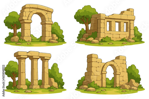 Ancient stone ruins in lush green landscape, old architectural monuments, arched gateways, columns and walls, historic heritage site, daylight cartoon vector illustration, transparent background