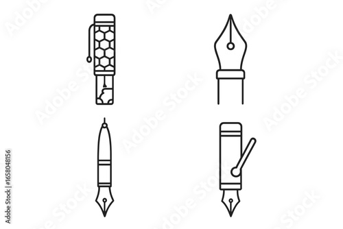 Vintage pen icons. Outline vector collection of classic fountain pens. Set of antique writing instruments with gold nib, celluloid, ebonite, and lever filler for calligraphy.