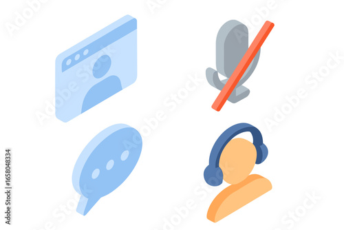 Isometric virtual communication icons set for web design. Vector illustrations of video call window, muted microphone, chat bubble, user with headset for online meeting or support.
