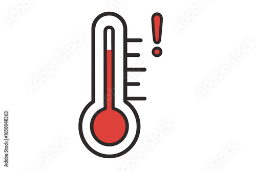 High temperature warning thermometer icon, red liquid rising, heat danger symbol, heat wave alert, overheating indicator, minimalist vector illustration, emergency exclamation, climate change concept