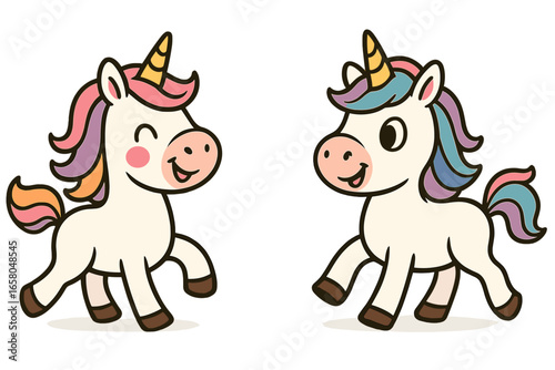 Cute playful unicorn vector illustrations, whimsical cartoon style, magical fantasy horses walking with colorful manes and tails, happy characters, children’s design, transparent background