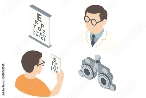 Isometric vision checkup icon set. Optometrist and patient during eye exam. Ophthalmology and healthcare concept with phoropter and eye chart. Medical vector illustration.