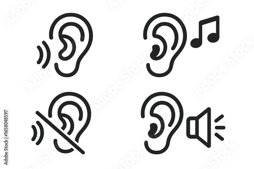 Ear Hearing Icons Set - Sound, Silence, Music, Volume. Conceptual Vector Illustration for Auditory Perception, Listen, Hearing Ability, Deafness, Acoustic Signals. Simple Line Symbol Collection.