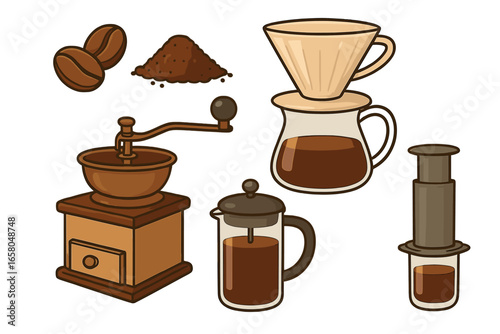 Coffee beans, ground coffee, and brewing equipment vector. Cartoon style grinder, French press, pour over, AeroPress on white. Coffee making tools set for cafes, baristas, home brewing techniques.