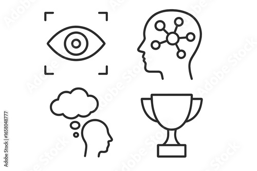 Visualization icon set for success and achievement. Outline icons of focused eye, mental map, dream cloud, trophy. Mindset, goal, strategy, and success concepts vector.
