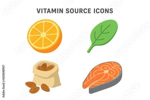 Vitamin and mineral source icons. Isometric vector illustration set of healthy food for nutrition concepts. Food rich in vitamins like orange, spinach, almonds, salmon steak.