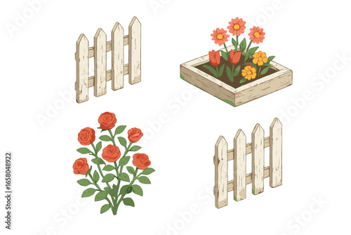 Antique garden icon set. Isometric vector collection of rustic gardening elements. Weathered white picket fence, wooden flowerbed with tulips, red rose bush vector illustration.