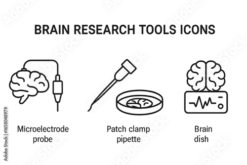 Brain research tools icon set. Neuroscience experiment equipment. Microelectrode probe, patch clamp pipette, brain slice dish, EEG monitor. Vector outline neurology symbols.