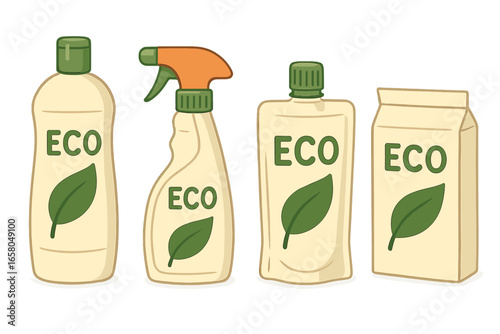 Eco-friendly cleaning products set with natural branding, assorted household cleaners in a simple arrangement, vector cartoon illustration on transparent background, sustainable home care essentials