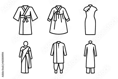 Asian traditional garments icon set. National costumes of Asia line art collection. Includes kimono, hanbok, cheongsam, sari, shalwar kameez and ao dai. Ethnic vector icons.