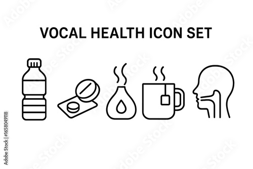 Vocal health and voice care outline icon set. Vector illustration with water bottle, throat lozenge, humidifier, warm tea, and larynx diagram. For singer, speaker, ENT.