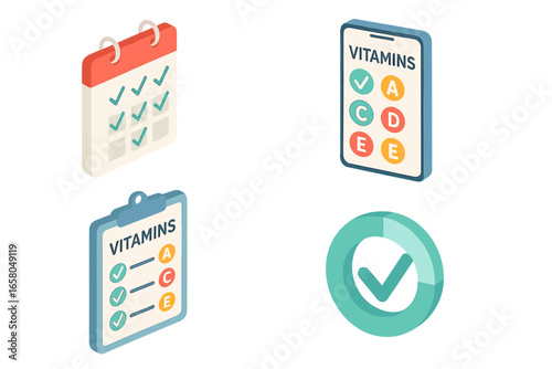 Vitamin tracking isometric icons. Set of health app for supplement intake schedule, nutrition log, diet plan. Daily pill reminder with calendar and checklist. Wellness progress.