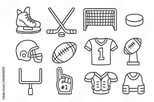 American football and ice hockey sports icon set. Collection of minimalist line art equipment symbols. Vector outline graphic elements for game day. Puck, stick, helmet, ball.
