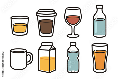 Minimalist vector cartoon illustration of various container shapes and types holding different liquids and beverages, including bottles, jars, glasses, and cups on transparent background