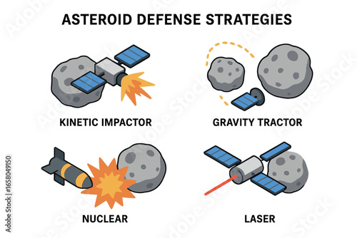 Asteroid defense strategies icon set. Isometric vector illustration of planetary defense concepts: kinetic impactor, gravity tractor, nuclear explosion, and laser deflection.