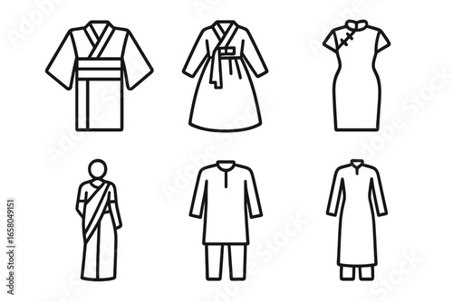 Asian traditional garments icon set. Kimono, hanbok, cheongsam, sari, shalwar kameez, ao dai. Japan, Korea, China, India, Vietnam. National costume line icons vector illustration.