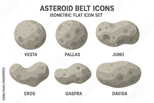Asteroid belt icons isometric vector set. Solar system minor planets and space rocks. Vesta, Pallas, Juno, Eros, Gaspra, Davida. Flat design celestial body illustration.