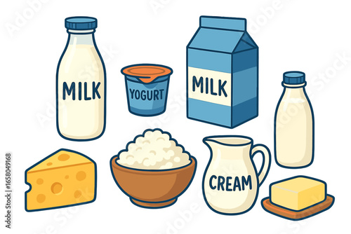 Assorted modern style dairy products and containers vector illustration set with milk bottles, cheese, yogurt, butter, and cream on white and transparent backgrounds, cartoon design