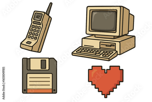 Retro technology icon set. Vintage computer, old mobile phone, floppy disk, pixel heart symbol. Nostalgic 80s 90s electronics. Geek tech vector cartoon sticker collection.