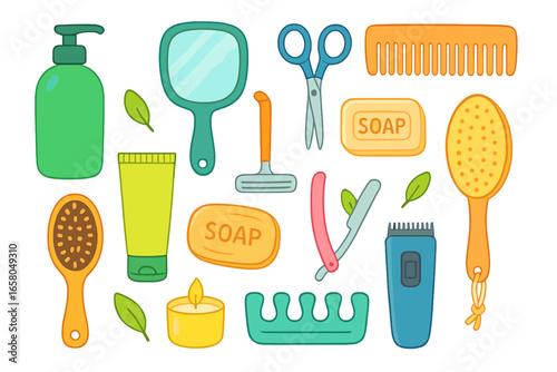 Colorful Vector Illustration of Various Grooming Tools and Personal Care Items Arranged for Wellness and Self-Care Routine, Cosmetic and Hygiene Essentials in Cartoon Style