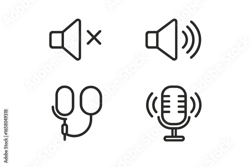 Audio line icon set. Vector sound symbols for UI UX design. Includes speaker for mute and unmute, volume control, podcast microphone for broadcast, recording, and in-ear monitors.