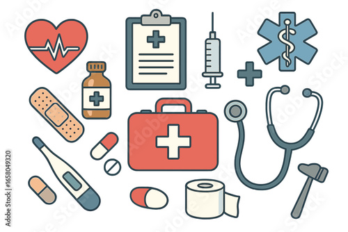 Collection of various medical symbols and healthcare tools in a cohesive arrangement representing first aid, emergency care, medical essentials, and health services in cartoon vector illustration