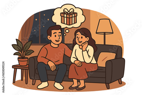Happy couple planning a surprise gift for a special occasion. Man and woman sitting on sofa at home, thinking about a present. Anniversary, birthday, love, relationship concept.