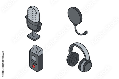Audio recording equipment icon set. Isometric vector illustration of studio microphone, pop filter, headphones, and digital recorder for podcast, broadcast, music or voice over.