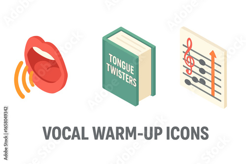Vocal warm-up isometric vector icon set for voice training and singing lessons. Concepts for speech therapy, acting, public speaking, diction, articulation, and pitch control.