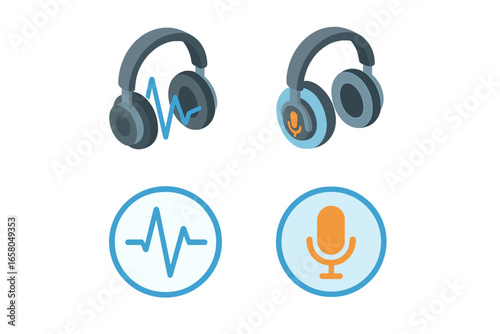 Audio technology isometric 3d icon set. Noise cancellation and voice enhancement concept. Headphone with sound wave and headset with microphone symbols. Vector graphic elements.