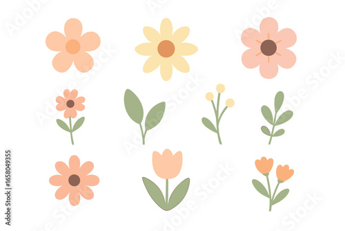 Minimalistic floral vector collection with soft pastel colors, simple blossom shapes, flat botanical elements and spring flowers, isolated on white background for design and decoration
