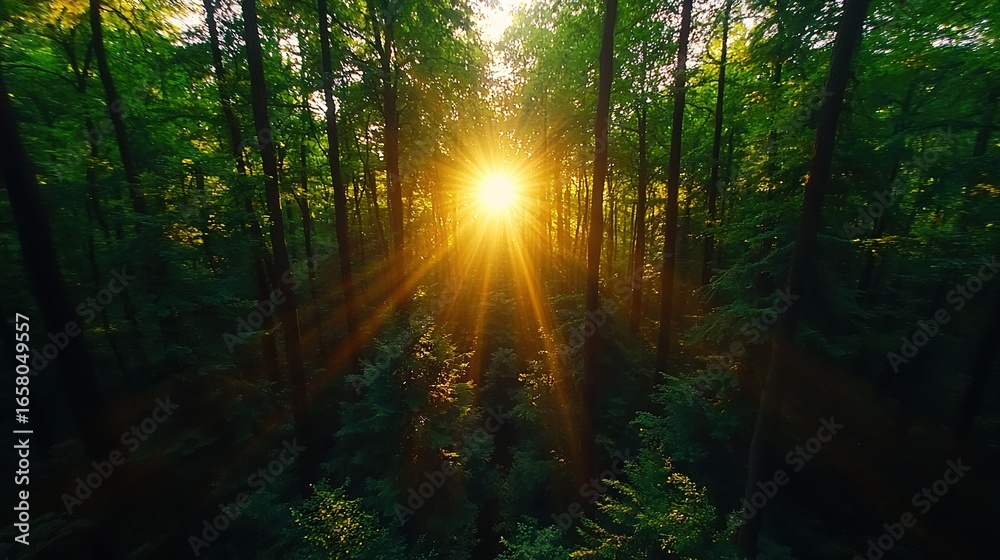 Obraz premium Sunlight filters through towering trees in the heart of a verdant forest