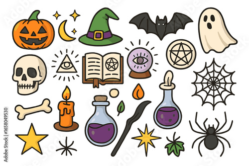 Large vector set of Halloween magic cartoon icons. Witchcraft spooky mystical symbols. Doodle illustration of pumpkin, skull, ghost, spell book, potion, crystal ball, bat.