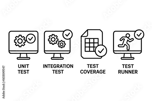 Automated testing outline icon set. Software development process concepts. Unit test, integration test, test coverage, and test runner. QA workflow vector illustration.