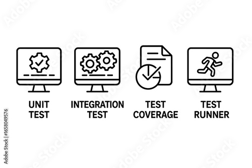 Automated testing process icons. Outline vector icon set for software development. Concepts of unit test, integration test, test coverage, test runner and quality assurance.