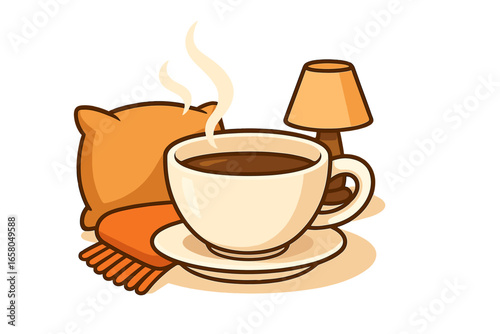 Cozy vector illustration of steaming cup of coffee for relaxation and comfort in a warm inviting setting, featuring pillow, blanket, lamp, home decor elements, perfect for relaxing morning or evening