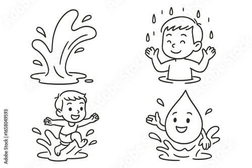 Vector line art illustration of water splashes and droplets showcasing various water activities and interactions with liquid, cartoon style transparent background design for versatile use