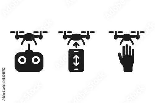 UAV quadcopter flight control icons. Pilot with remote, phone application, and gesture recognition technology. Wireless communication symbols for unmanned aerial vehicle.