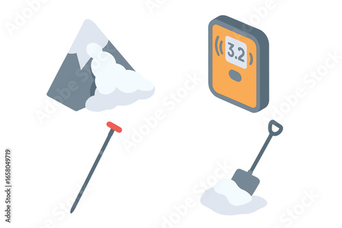 Avalanche rescue safety equipment icon set. Isometric vector illustration of a beacon, probe, shovel, and mountain. Winter sports survival gear for backcountry skiing and snowboarding.