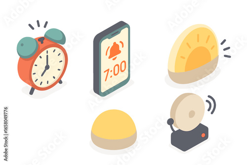 Wake-up alarm icon set. Isometric vector illustration of various alarms. Analog clock, smartphone app, sunrise lamp, and buzzer. Morning routine time management concept.