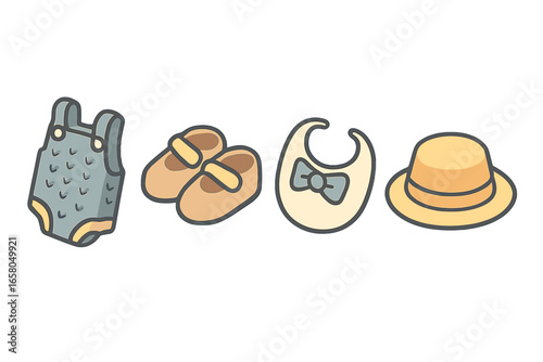Baby boy outfit and accessories icon set. Isometric vector illustration of newborn clothing essentials. Includes knit romper, shoes, bowtie bib, and a summer sun hat.