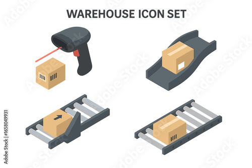 Warehouse logistics isometric icon set. Package sorting system and distribution center automation. Barcode scanner, roller conveyor, sortation chute, diverter gate vector.