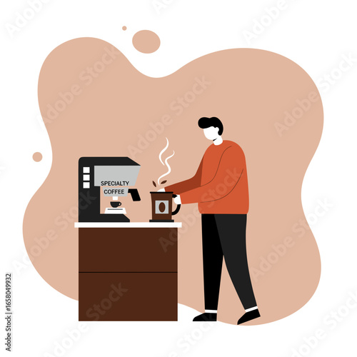 A person making specialty coffee using a modern machine. Illustrates daily routine, morning energy, comfort, and productivity. Ideal for lifestyle, business, or beverage concepts.