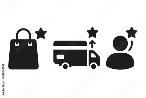 E-commerce success solid icon set. Vector symbols for online shopping, customer satisfaction, premium delivery, and user rating. Glyphs for retail, logistics, and loyalty.