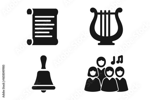 Early Christian hymn solid glyph icon set. Includes ancient scroll, lyre, hand bell, choir. For concepts like church music, worship, gospel, praise, liturgy, and faith.
