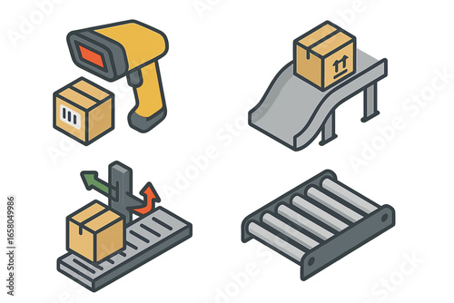 Warehouse isometric icon set. Logistics and distribution concepts. Includes barcode scanner, package on conveyor belt, sorting system with diverter gate, and rollers. Vector.
